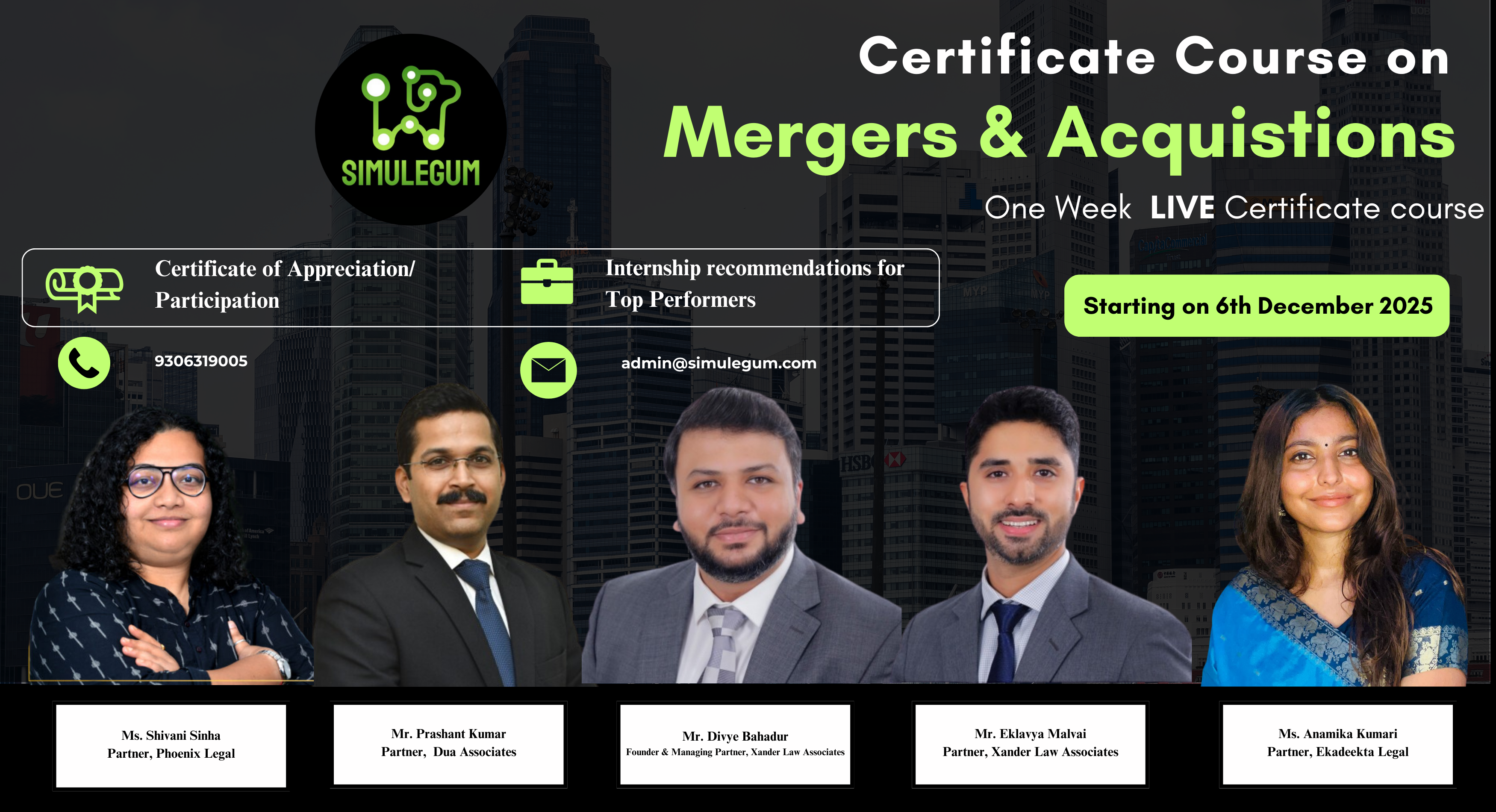 One-Week Certificate Course on Mergers and Acquisitions by SimuLegum