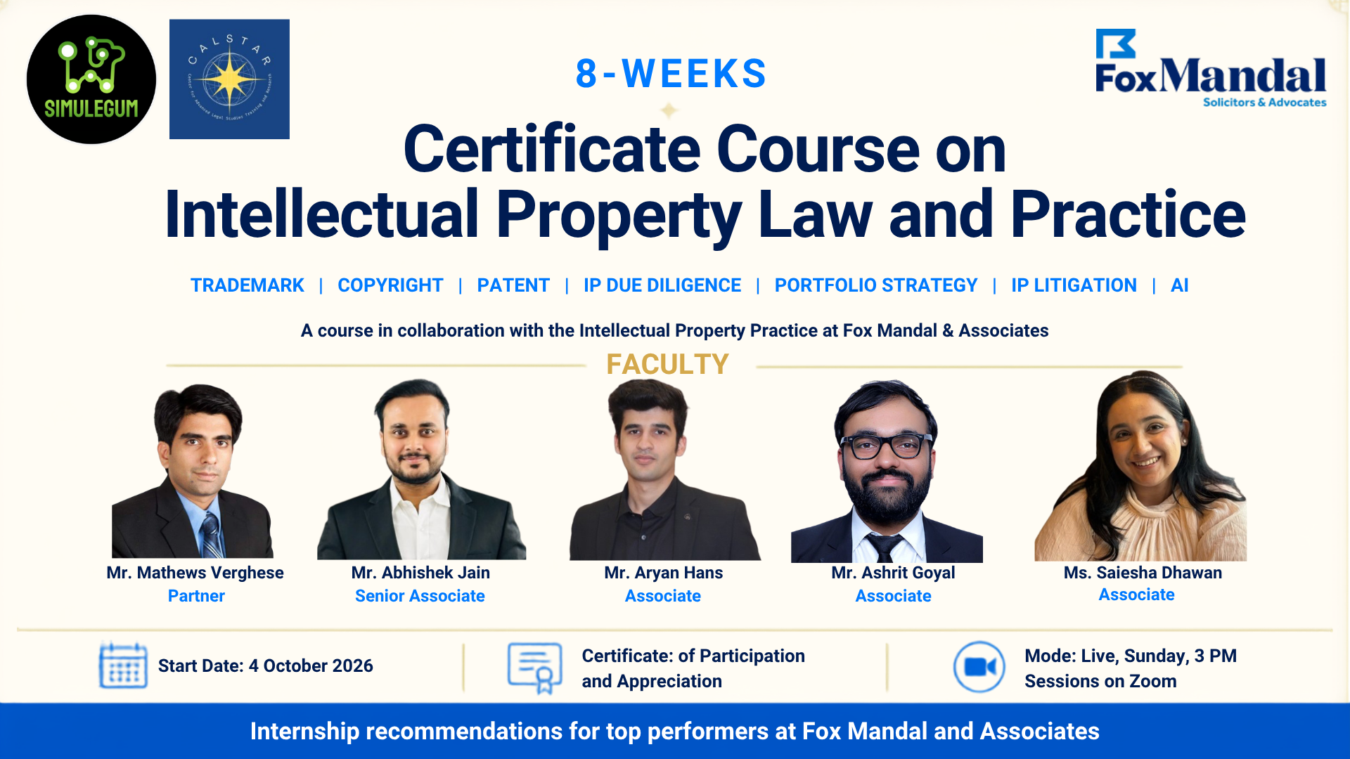 Certificate Course on Intellectual Property Law & Practice in collaboration with Intellectual Property Practice at FoxMandal & Associates