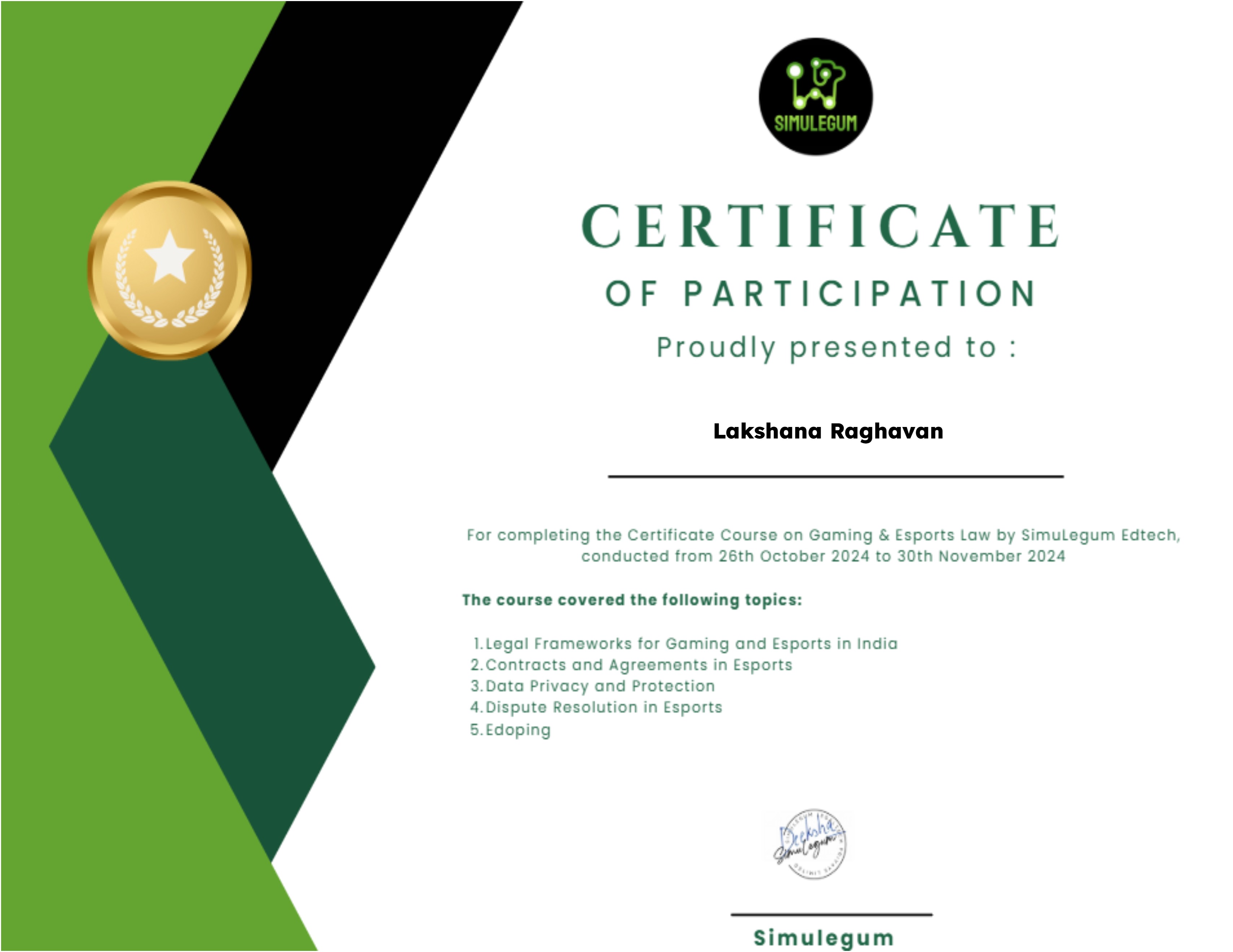 Certificate Course on Gaming & Esports Law