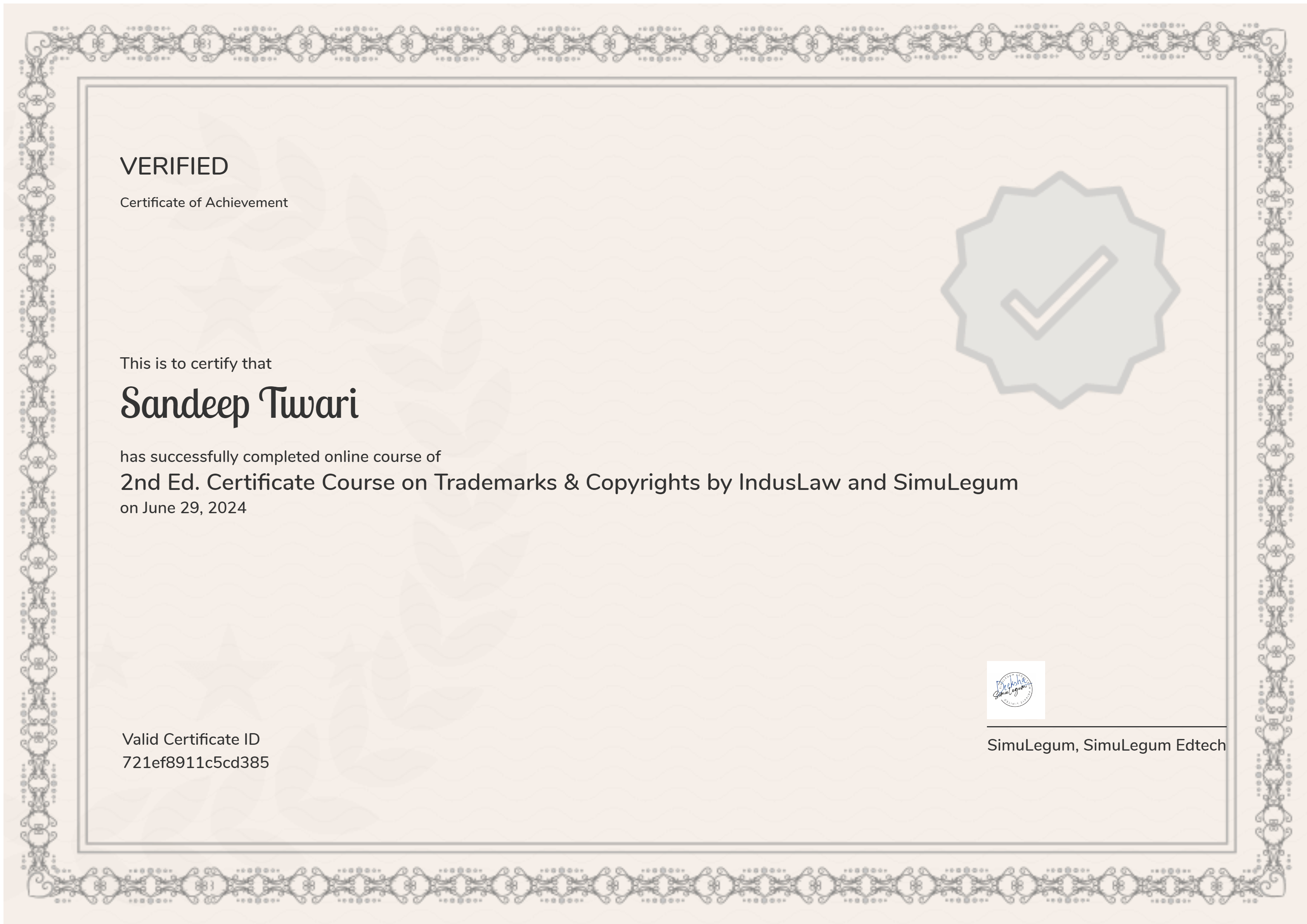 2nd Ed. Certificate Course on Trademarks & Copyrights by IndusLaw and SimuLegum