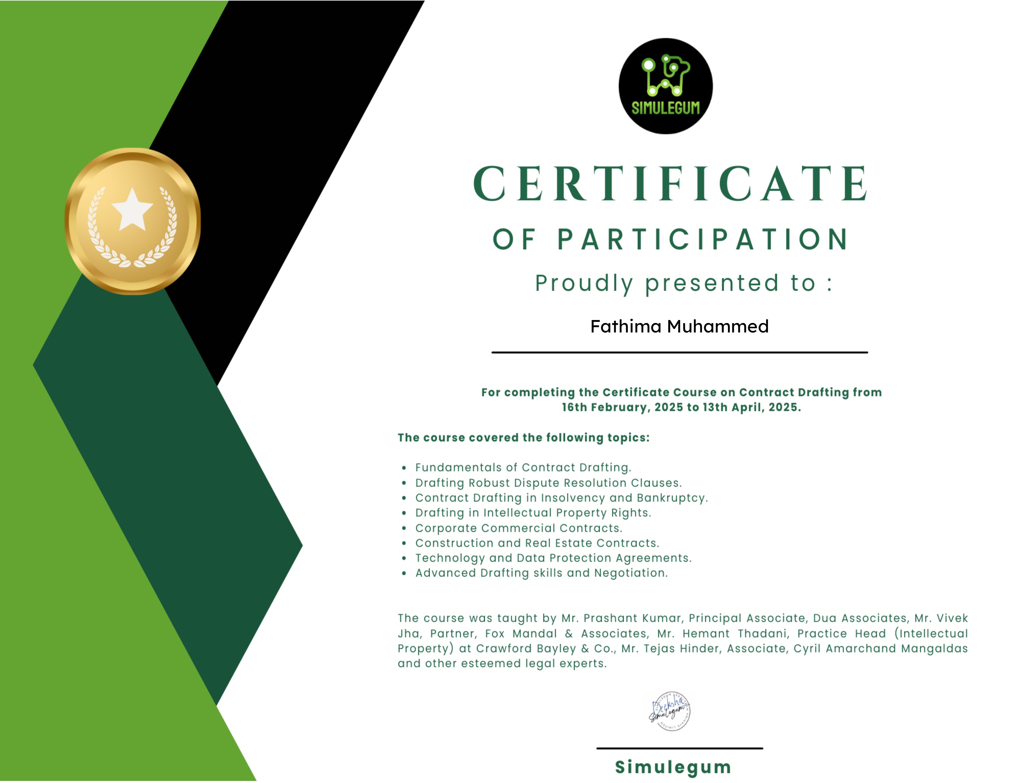 Certificate Course on Contracts Drafting by SimuLegum