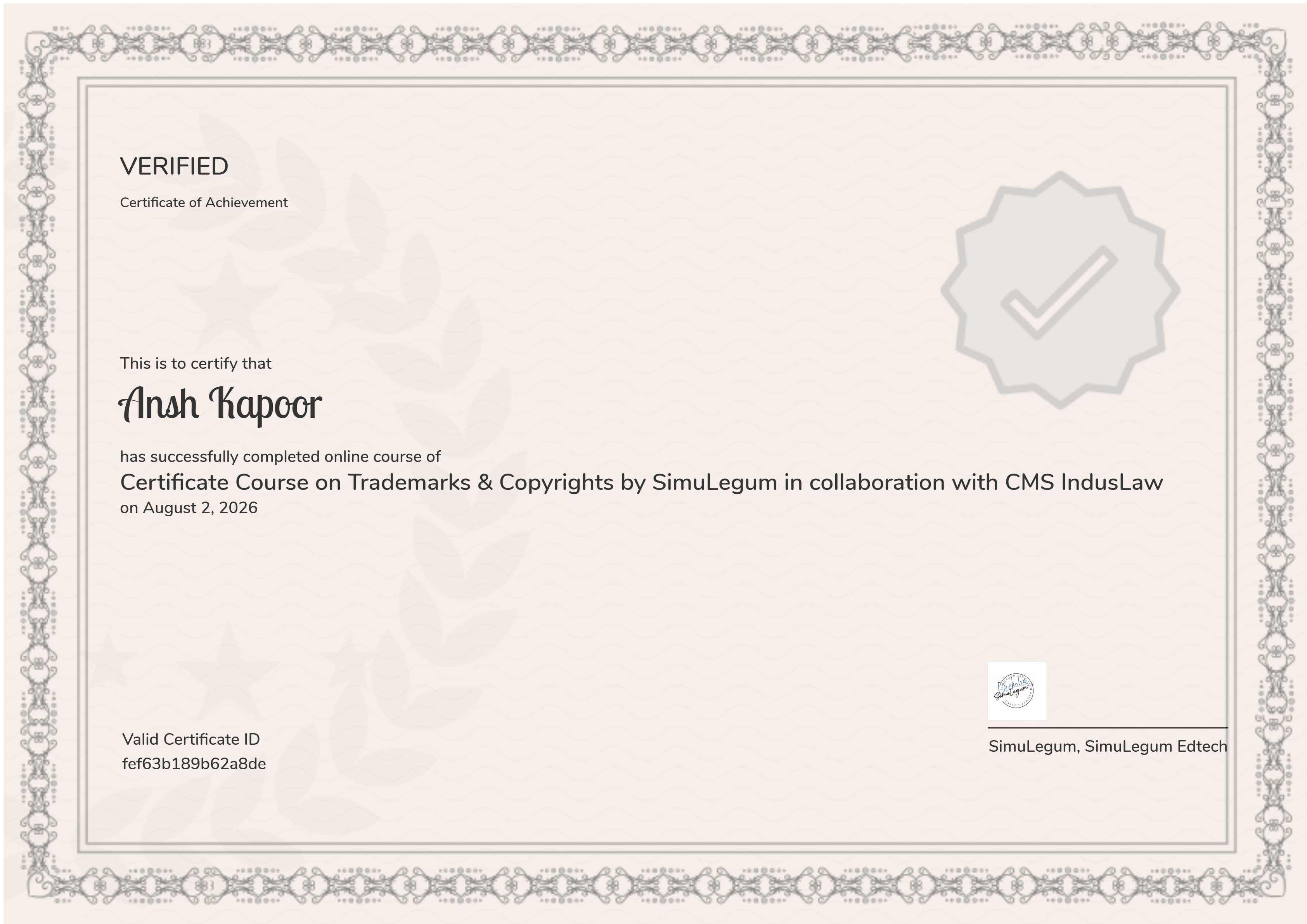 Certificate Course on Trademarks & Copyrights by SimuLegum in collaboration with CMS IndusLaw