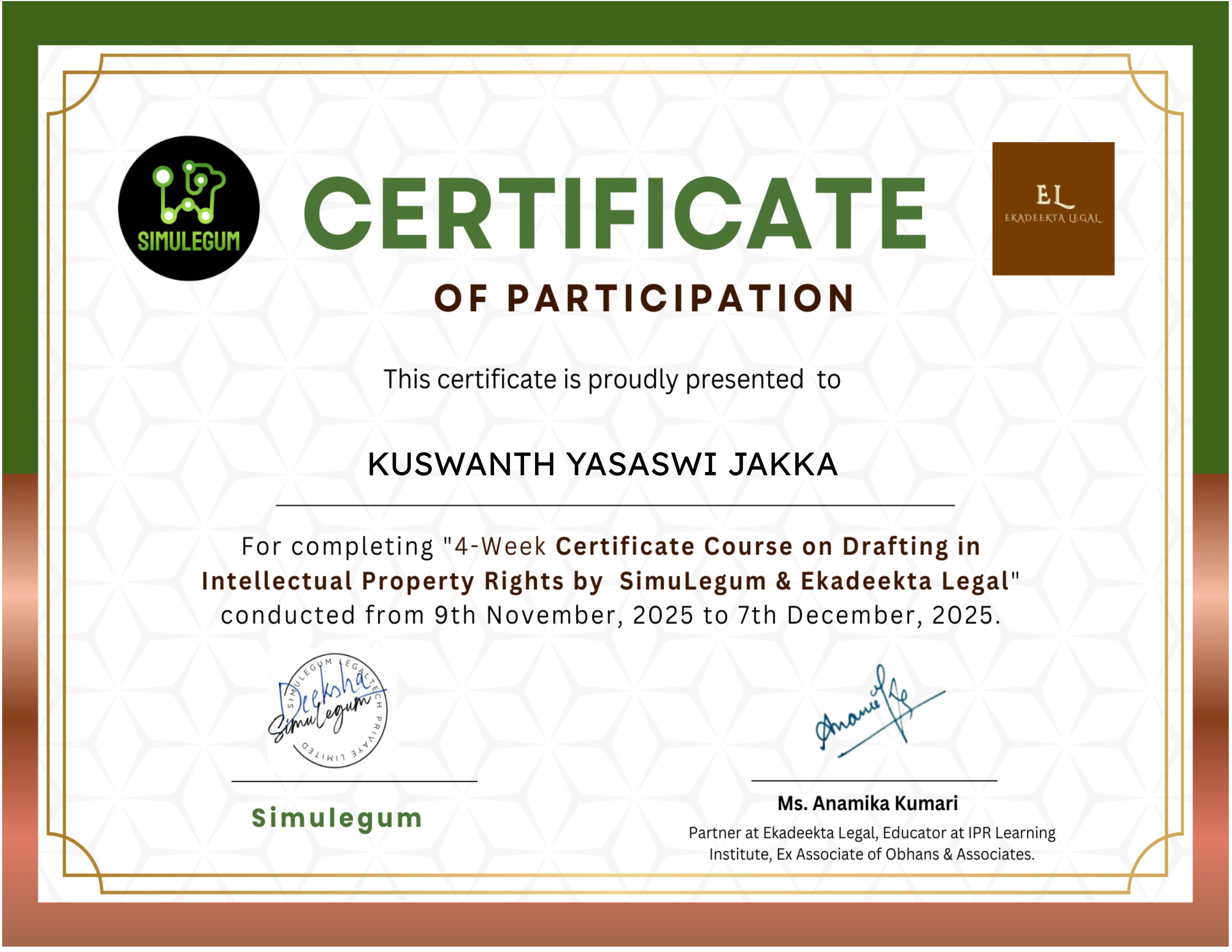 4-Week Certificate Course on Drafting in IPR by SimuLegum and Ekadeekta Legal