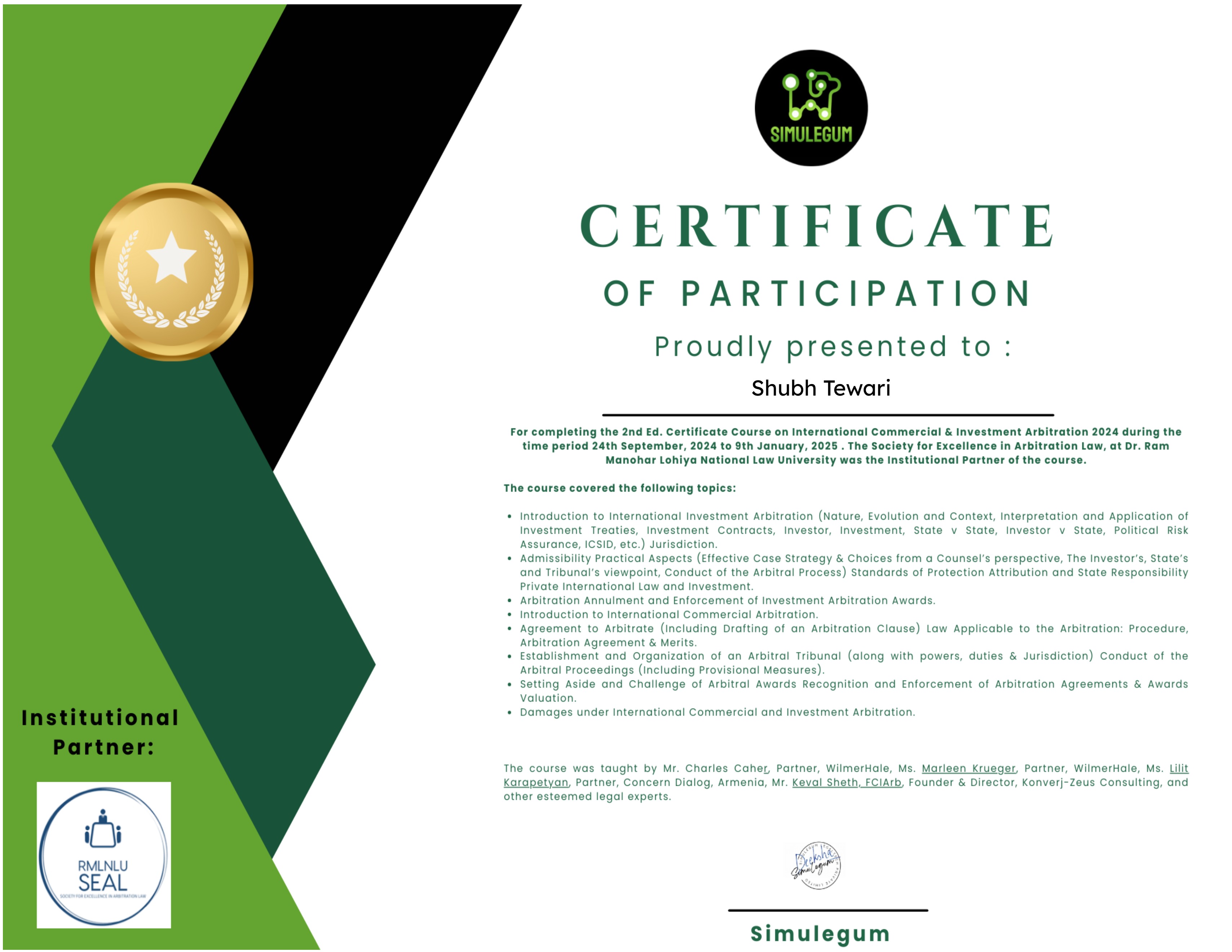 Certificate Course on International Commercial & Investment Arbitration